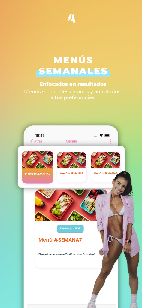 MuyAndreFit - Weekly nutritional meal plans interface in the MuyAndreFit fitness app