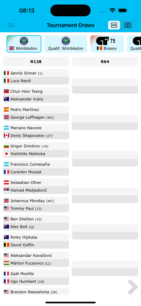 Live Tennis Rankings / LTR - Mobile app interface displaying the Wimbledon tournament draw with player matchups for the round of 128.