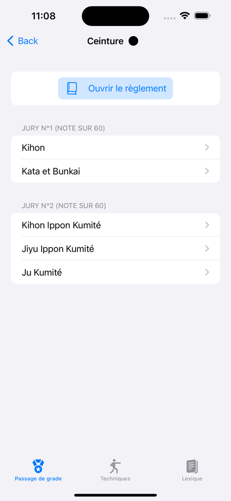 karate - Shotokan karate app interface showing black belt grading requirements for Kihon Kata and Kumite exams