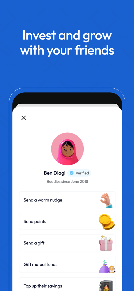 Zedcrest Wealth - Zedcrest Wealth app interface showing social investment options including gifting mutual funds and sending points to friends
