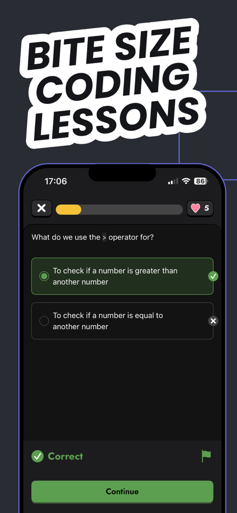 Learn & Code: CodenQuest - CodenQuest mobile app interface featuring a multiple choice coding lesson