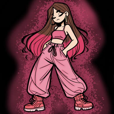 girl in baggy pants crop top and long hair