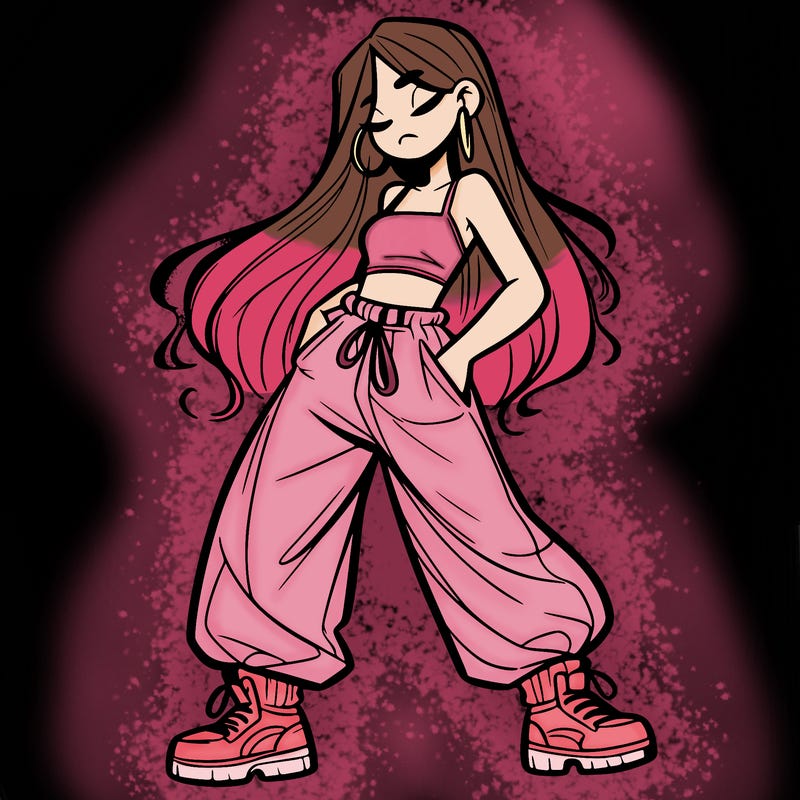 girl in baggy pants crop top and long hair