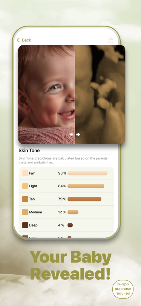 Ultrasound to Photo AI - Captura de pantalla de la aplicación móvil que muestra una imagen de ecografía transformada en una foto de bebé realista con una lista de probabilidades de tono de piel predichas