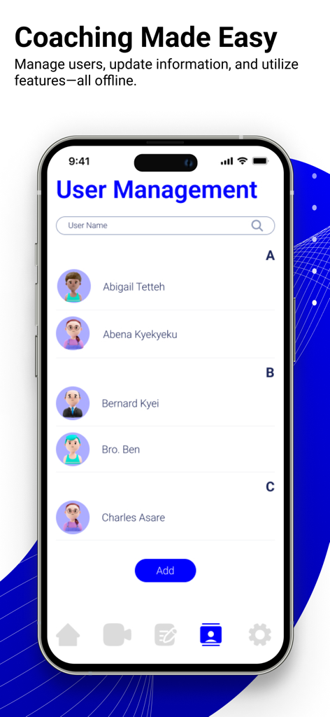 Interfaz de gestión de usuarios de la aplicación AiKYNETIX que muestra una lista de atletas para que los entrenadores los sigan y gestionen