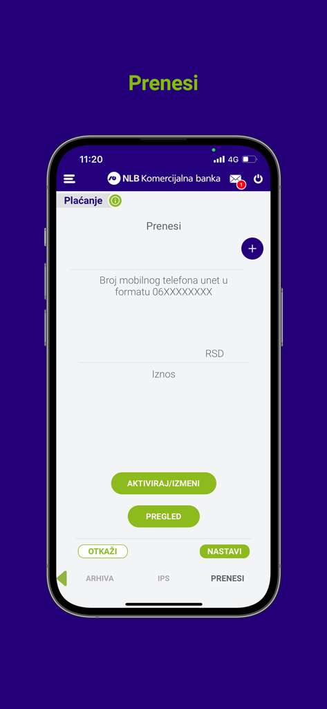 NLB mKlik mobile banking app showing the Prenesi payment screen for transferring money via phone number