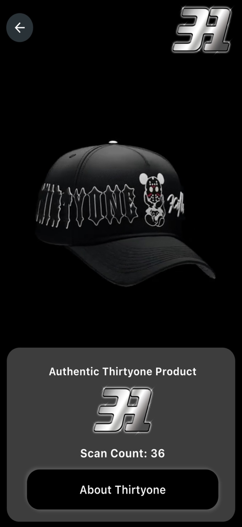 ThirtyOne Hats - ThirtyOne Hats app interface showing a verified authentic black baseball cap with scan count