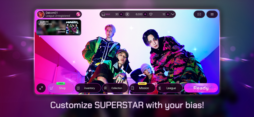 Home screen of the SUPERSTAR SMTOWN mobile game featuring a SHINee artist theme and navigation menu