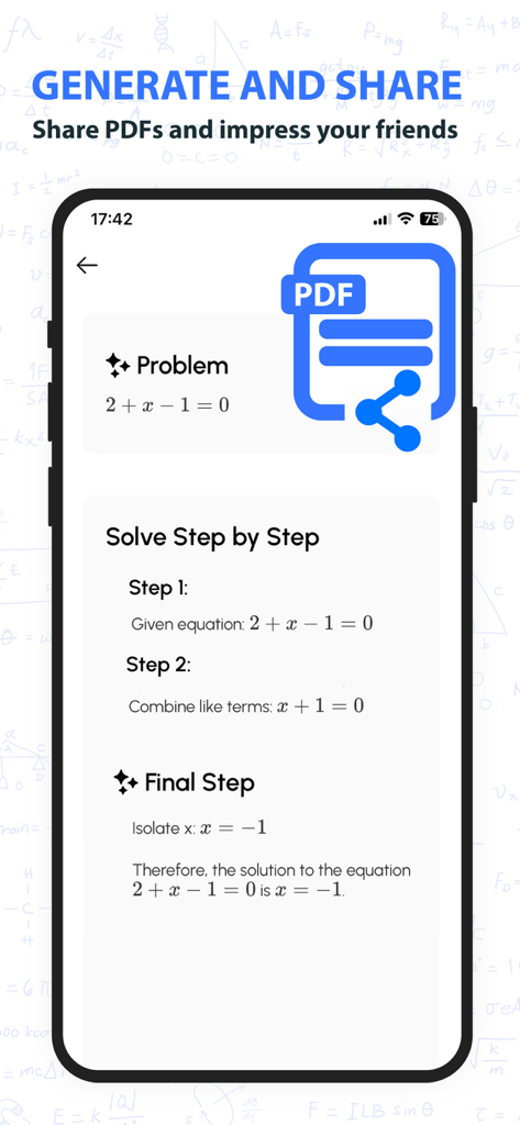 AI Homework Scanner & Helper - A step by step math equation solver screen with a PDF export and sharing option in the QuiSolver app