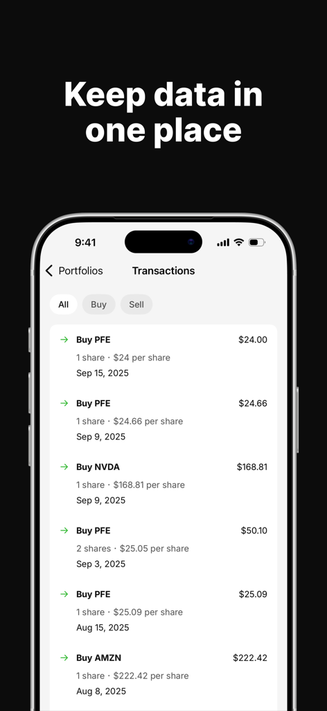 Dividend Tracker - Plainzer - Plainzer app screen showing a detailed list of stock buy transactions for PFE and NVDA