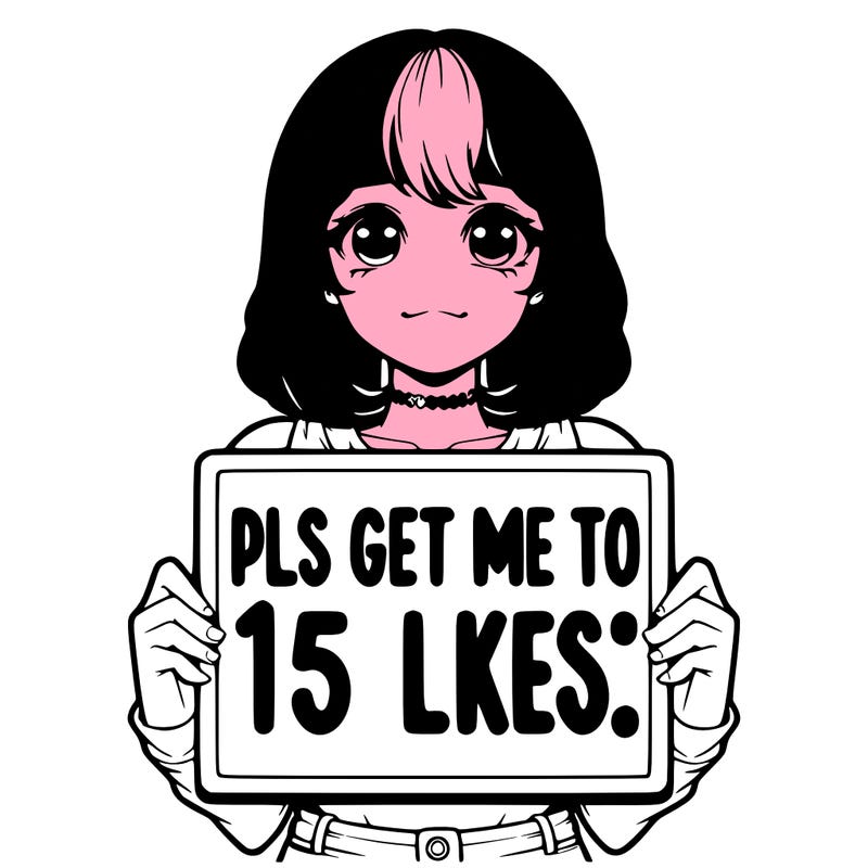 realistic girl holding up a sign that says “pls get me to 15 likes!”