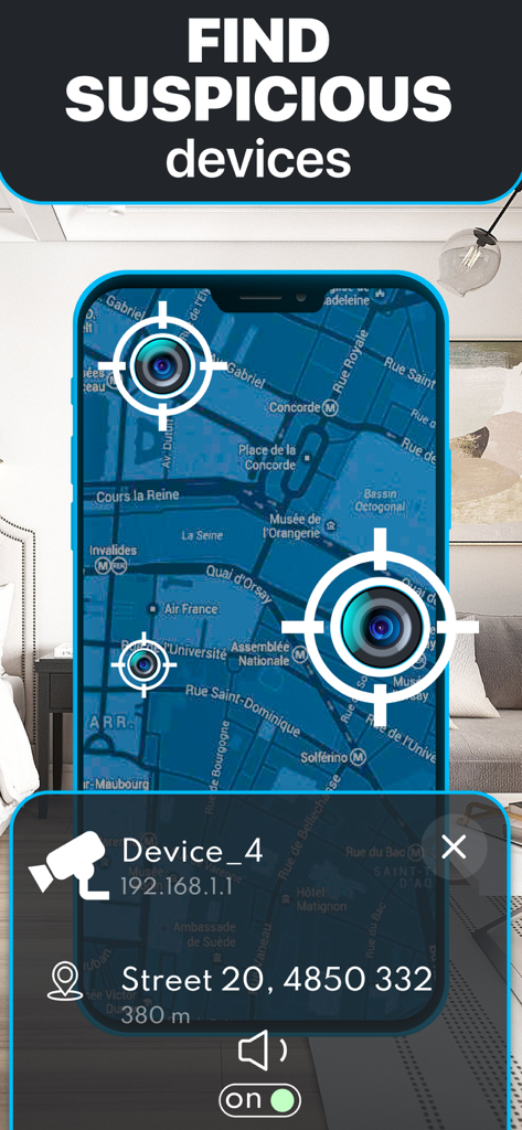 Interfaz de aplicación móvil que muestra un mapa identificando las ubicaciones de dispositivos sospechosos de cámaras ocultas