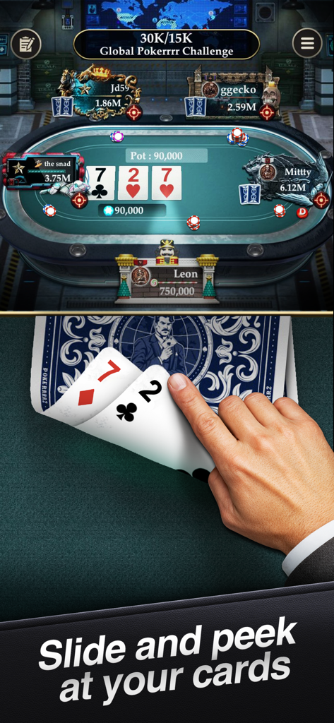A hand using the tactical peek gesture to reveal poker cards in the Pokerrrr 2 app