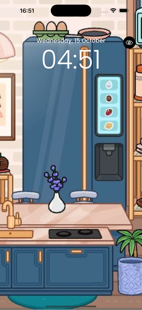 Room design ideas aesthetic - A phone lock screen featuring an aesthetic Toca Boca kitchen room design wallpaper