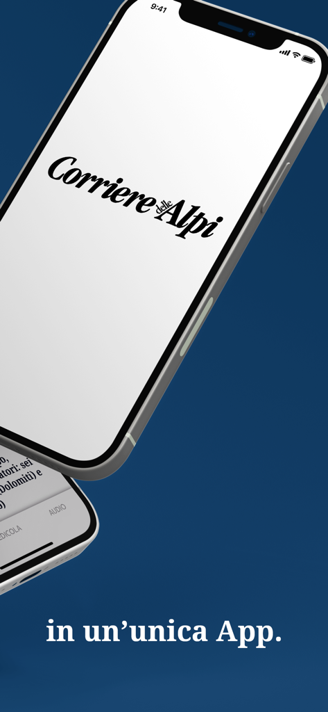 Interfaz de la aplicación móvil para Corriere delle Alpi mostrando el logotipo del periódico en una pantalla blanca