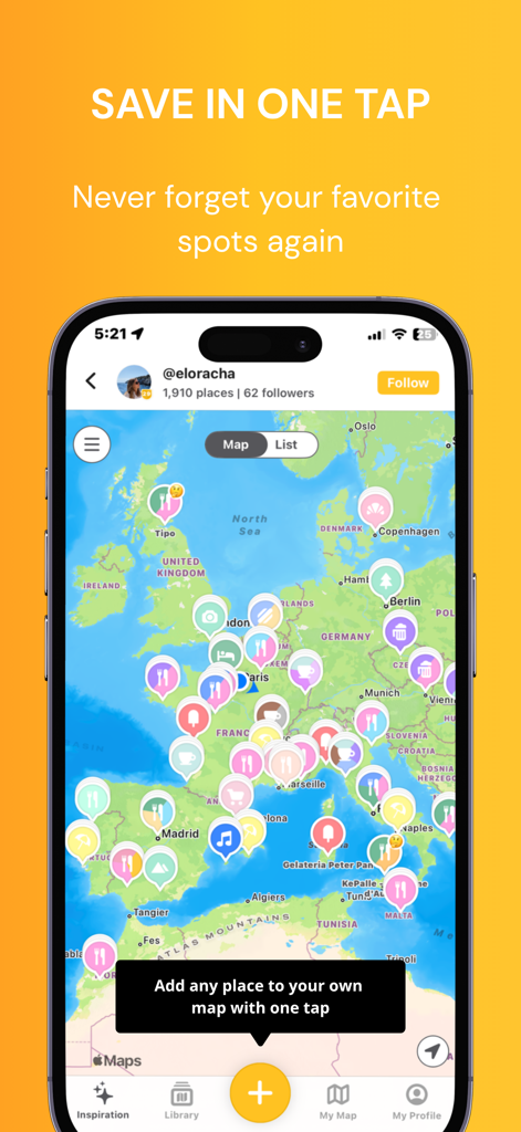 Mapstr – Save & Follow Places - Mapstr app interface showing a map of Europe with numerous colorful pins for saved locations and the text save in one tap.