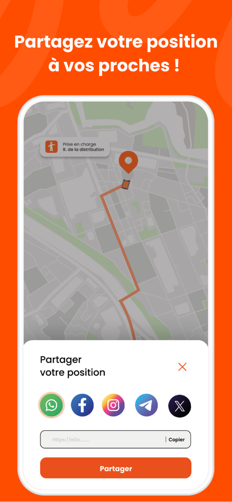 e-Go : Trouvez un Taxi - Interface do aplicativo de táxi e-Go mostrando o recurso de compartilhamento de localização em tempo real em um mapa.