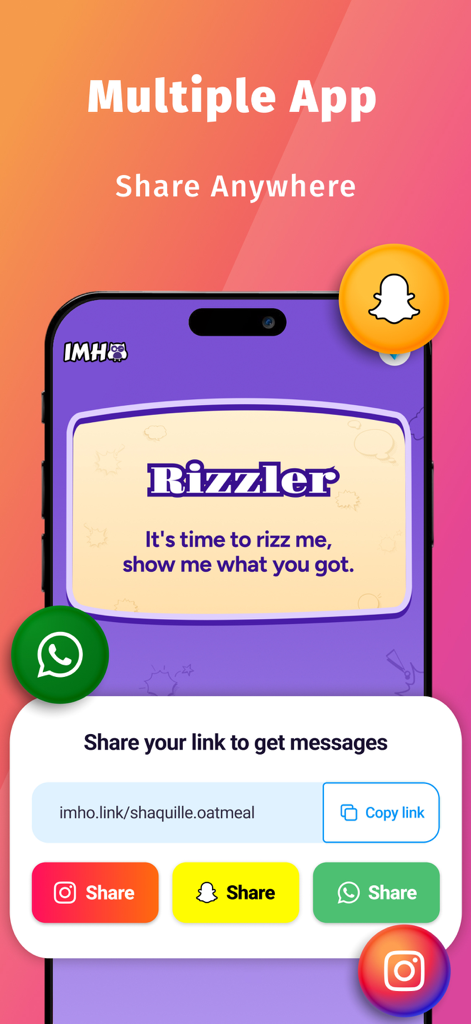 IMHO™: Honest Q&A with friends - Pantalla de la aplicación IMHO mostrando el juego Rizzler y opciones para compartir un enlace de perfil en Instagram, Snapchat y WhatsApp