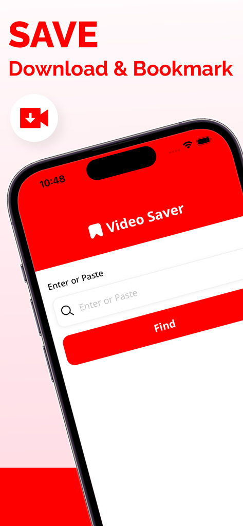 Video Saver : Video Downloader - Video Saverアプリのインターフェース。動画をダウンロードしてブックマークするための検索バーが表示されています。
