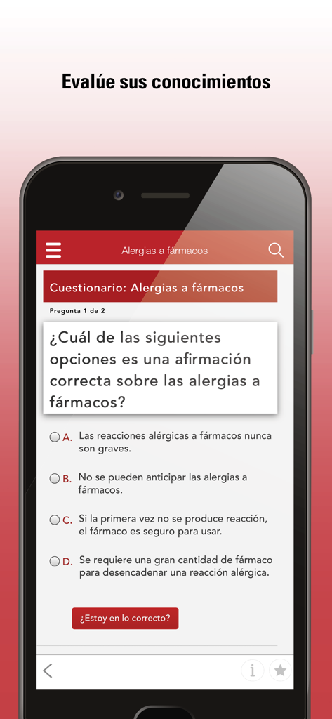 Interactive drug allergy quiz screen from the Manual MSD Spanish mobile app