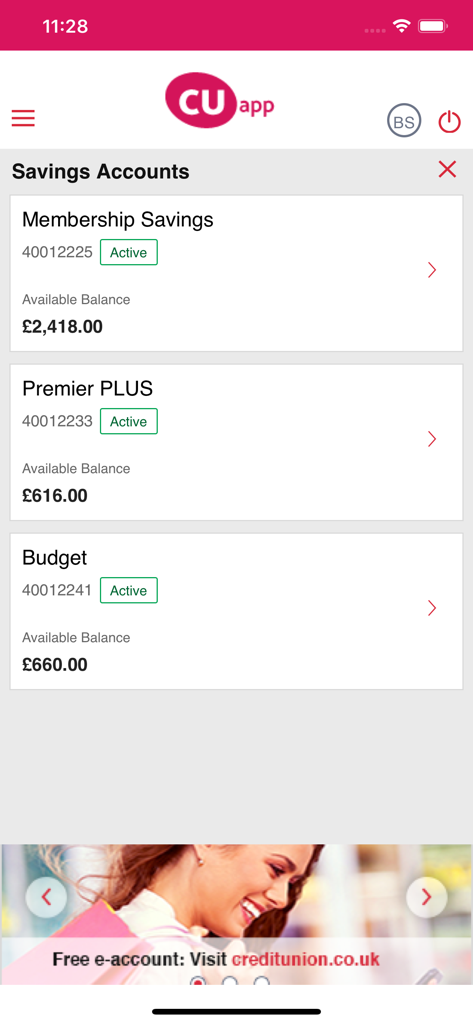 Credit Union App - A mobile screen from the Credit Union App showing a list of savings accounts with available balances