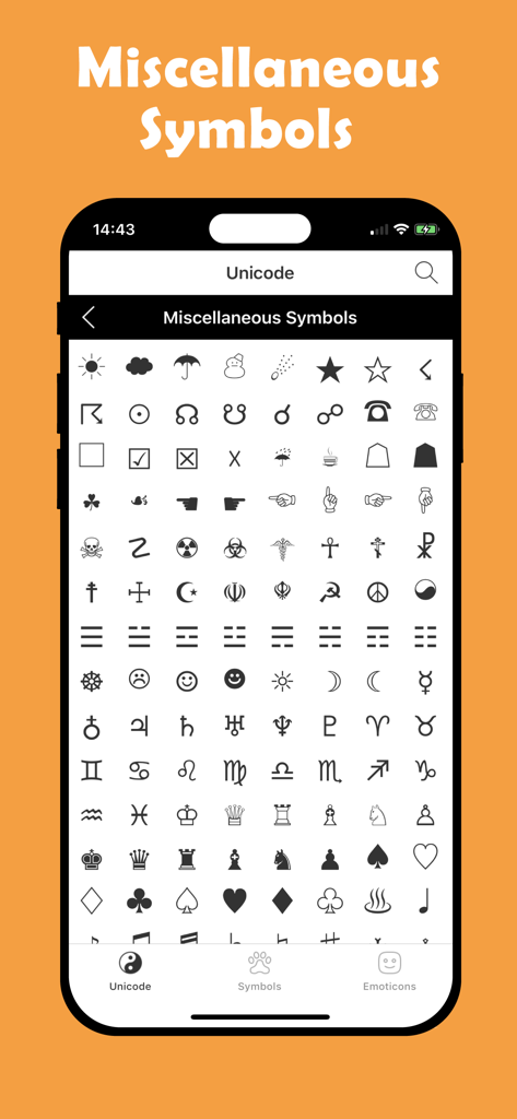 Symbol Pad Pro - A library of miscellaneous Unicode symbols including chess pieces, weather icons, and astrological signs in the Symbol Pad Pro app interface.