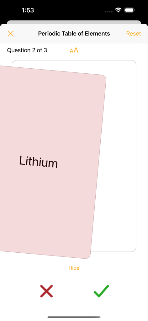 Flashcards - Build Your Own - Una pantalla de cuestionario en la aplicación Tarjetas de Memoria que muestra una tarjeta de Litio del mazo de la Tabla Periódica de los Elementos con botones para marcar la respuesta como correcta o incorrecta.