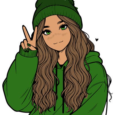 a teenage girl in a beanie, oversized sweatshirt, wavy long hair, and is showing a ✌️