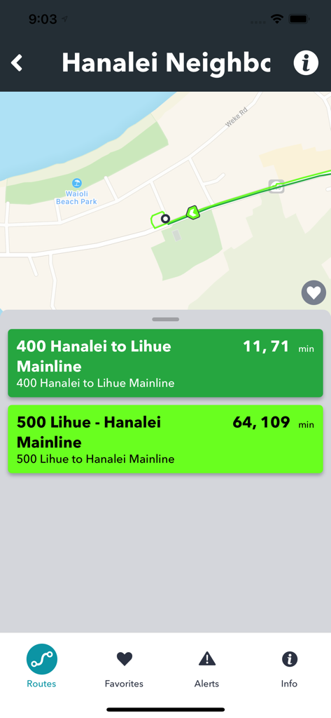 The Kauai Bus Tracker - Map interface of The Kauai Bus Tracker app showing real time bus locations and arrival times for Hanalei routes