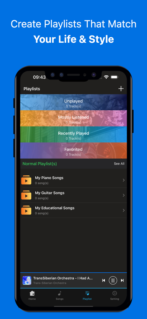 Music Player ๏ Unlimited MP3 - Interfaz de la aplicación Reproductor de Música mostrando listas de reproducción personalizadas y categorías para música MP3