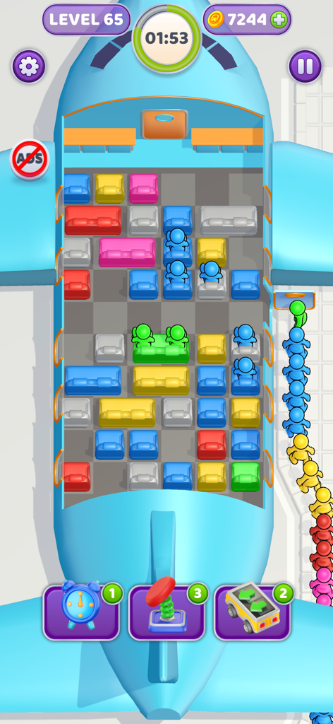 Seat Away - A top down view of a colorful airplane seat sorting puzzle in the Seat Away mobile game.