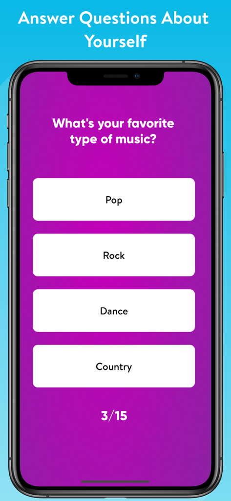 How Well Do You Know Me? - Smartphone screen showing a personality quiz question about favorite music genre for friends and couples