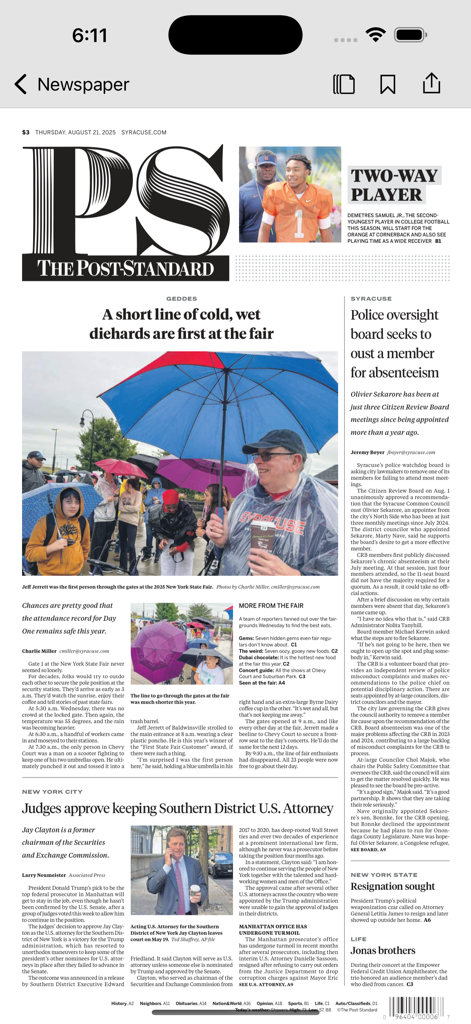 The Post-Standard - Digital replica of the front page of The Post-Standard newspaper showing local Syracuse news.