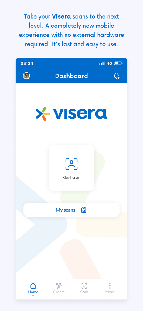 Visera Link mobile app dashboard showing the start scan button and navigation menu.