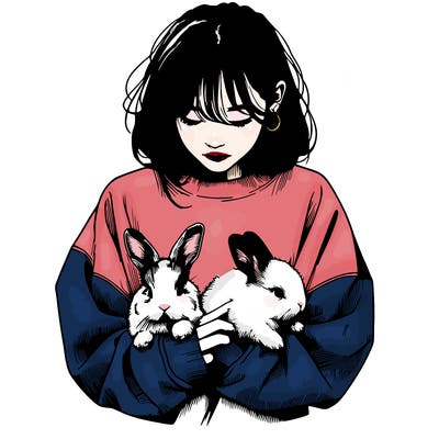 realistic girl with messy bunny baggy sweatshirt and holding bunnies