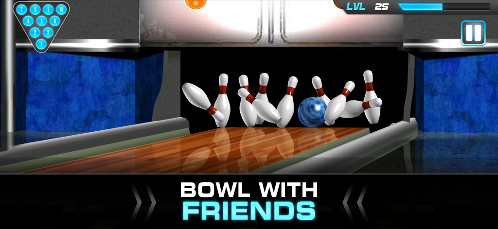PBA® Bowling Challenge - Blue bowling ball hitting pins in PBA Bowling Challenge multiplayer mode