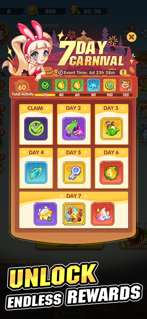 Plant Master TD Go seven day carnival login event screen showing daily rewards and unlockable plant heroes