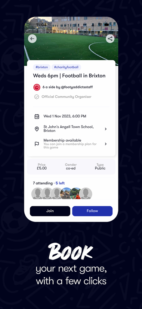 Footy Addicts: Play Football - Mobile app screen showing football match details and a join button to book a game