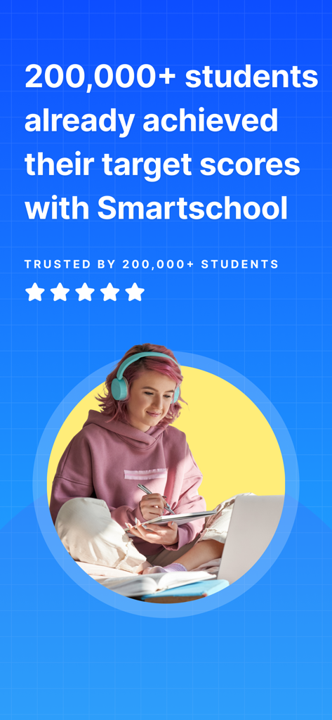 SAT® Test Prep 2026 - A high school student studying with headphones and a laptop illustrating that over 200,000 students achieved their target SAT scores using Smartschool