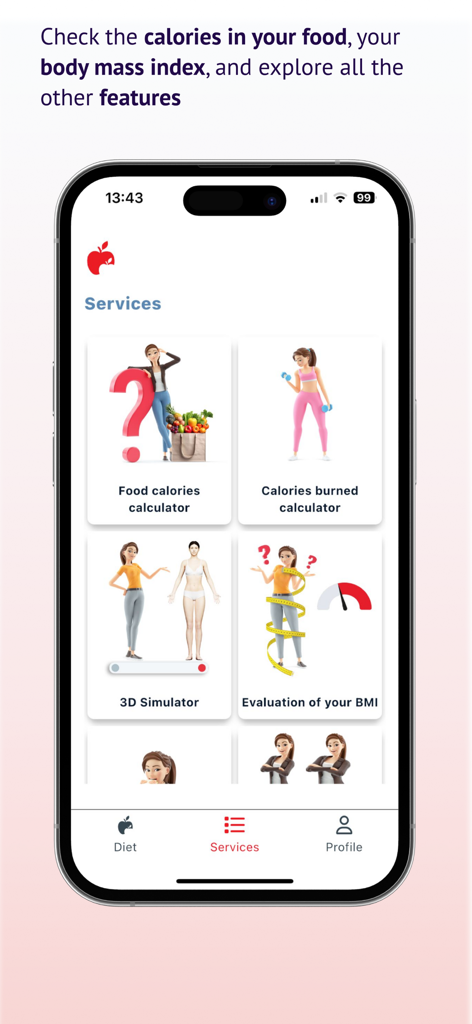 DietOne - DietOne app services screen showing food and burned calorie calculators plus BMI evaluation