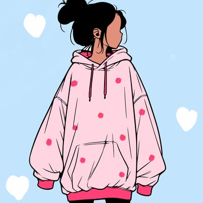 realistic girl with a oversized sweatshirt on and a bun