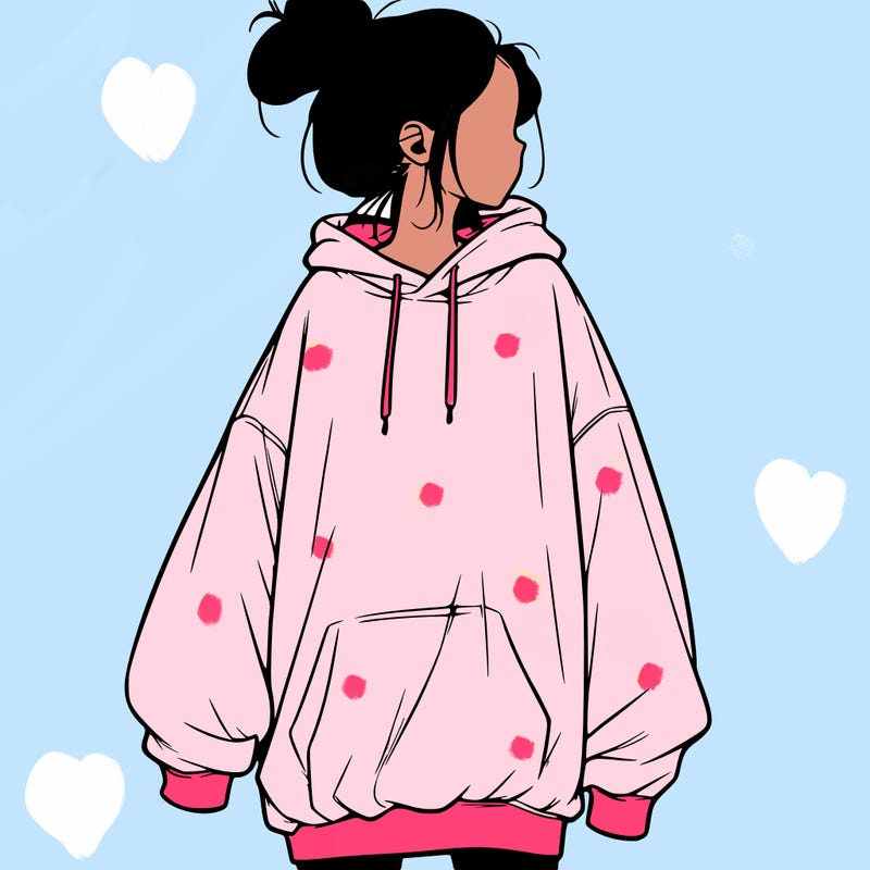 realistic girl with a oversized sweatshirt on and a bun