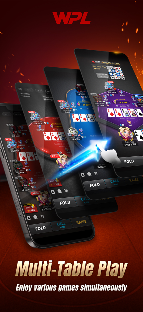 WPL mobile poker app interface showing the multi-table play feature with multiple games active on screen