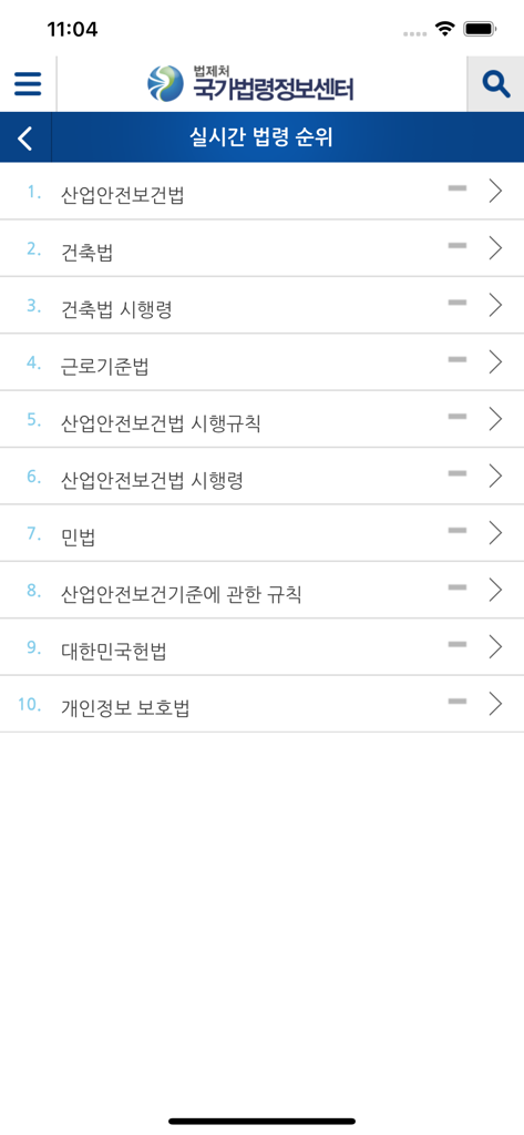 Interface showing a real-time ranking of the most searched South Korean laws in the Korea Laws app.