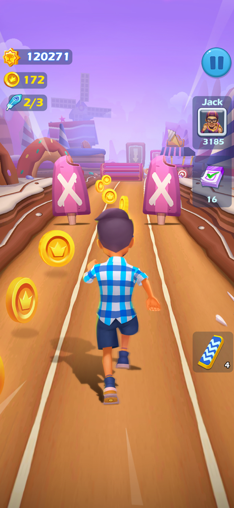 Un personaje masculino corriendo por un nivel temático de dulces recogiendo monedas de oro en Subway Princess Runner.