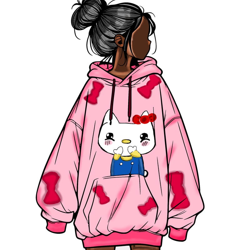 realistic girl with a oversized sweatshirt on and a bun