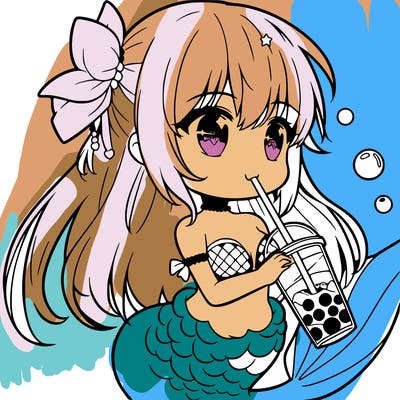 a manga mermaid drinking boba
