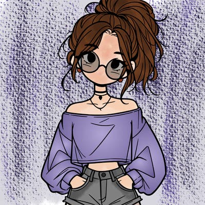 girl with a messy ponytail glasses a baggy crop top and jean shorts