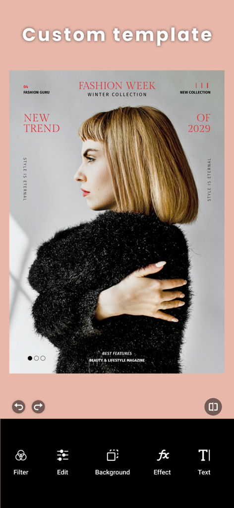 PicPro - AI Photo Editor - A woman featured on a fashion magazine cover template within the PicPro AI Photo Editor interface.