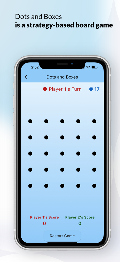Dots and Boxes - Friends or AI - Interfaz del juego de mesa de estrategia Dots and Boxes que muestra una cuadrícula de puntos y el indicador de turno del jugador en la pantalla de un teléfono inteligente.